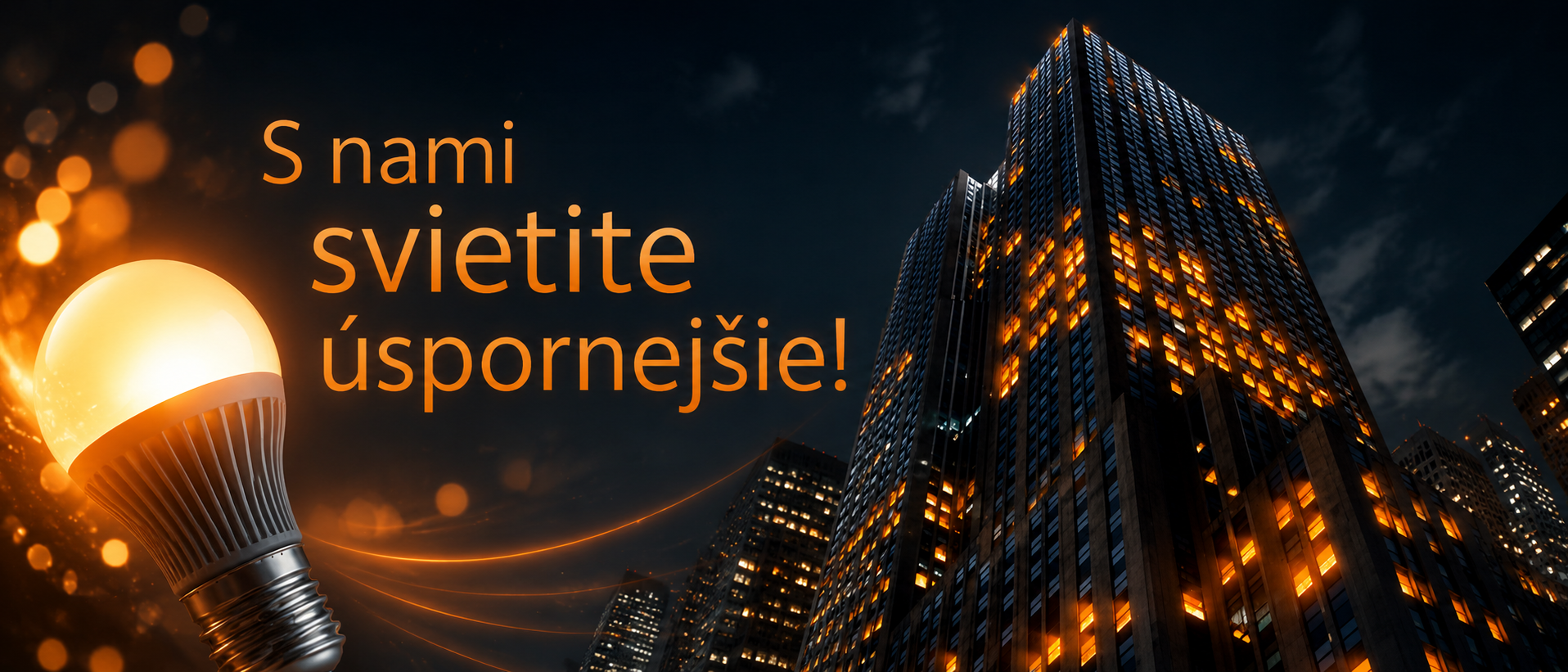Nočná budova s rozsvietenými oknami a sloganom S nami svietite úspornejšie!